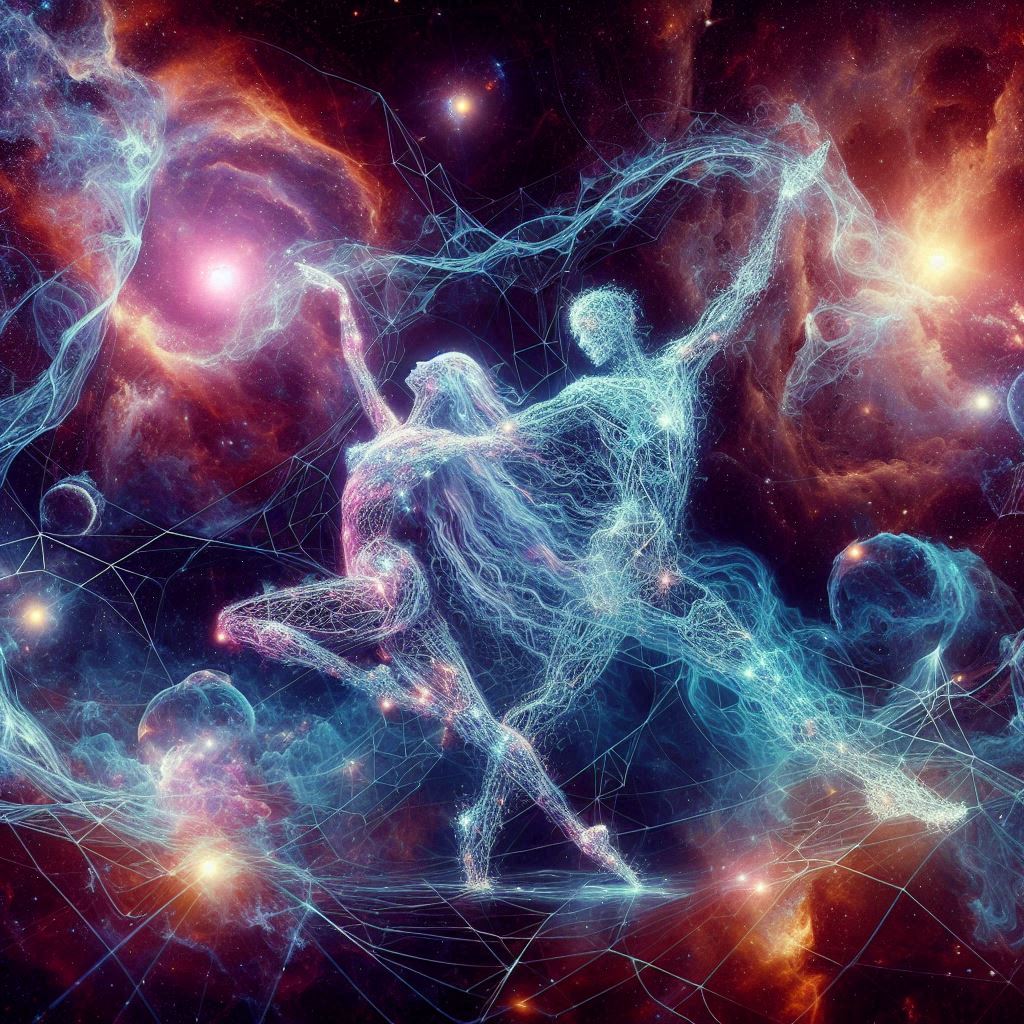 Cosmic ballet under nebulae: Sci-Fi beings (one crystalline, one ethereal) intertwine, weaving geometric patterns with flowing light tendrils, symbolizing cognitive synergy and holistic understanding.